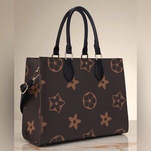 Elegant Brown Designer Tote Bag with crossbody strap . Flower Design